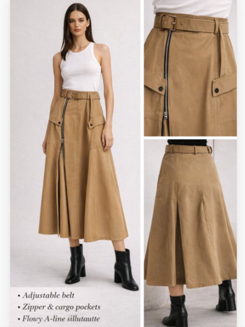 Camel High Waist Midi Skirt Belted Zip Detail Cargo Pockets A-Line Size L